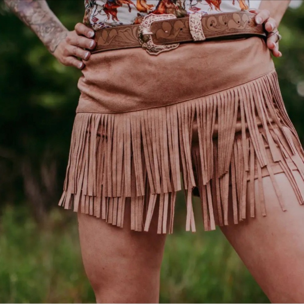 Suede Fringe Skort in Tan